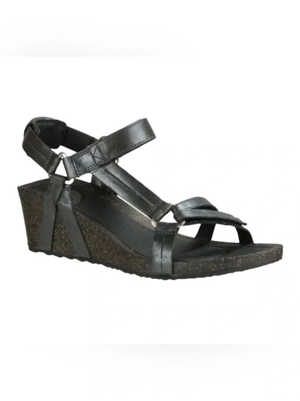 Teva Black Leather Strappy Wedge Sandal
